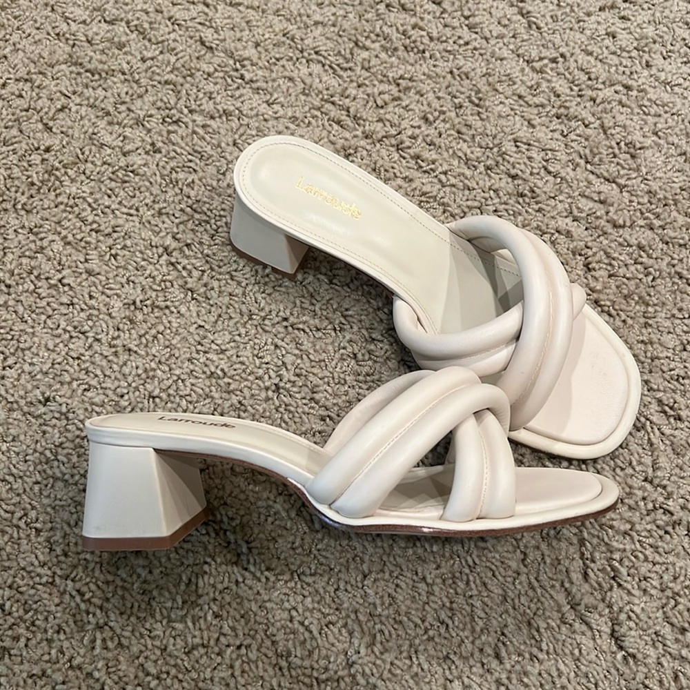 Larroude Laguna Puff Slide Sandals Mules Block Heel Ivory Leather